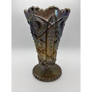 Vtg Imperial Carnival Glass Daisy Button Iridescent  Hobnail Vase Crimped Rim 6"
